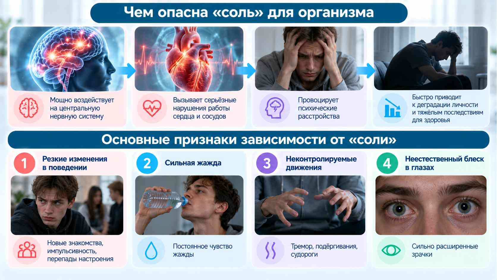 Солевая наркомания — опасность для организма и признаки зависимости. Инфографика о последствиях употребления синтетических наркотиков и признаках солевой зависимости: изменения поведения, сильная жажда, непроизвольные движения и расширенные зрачки.